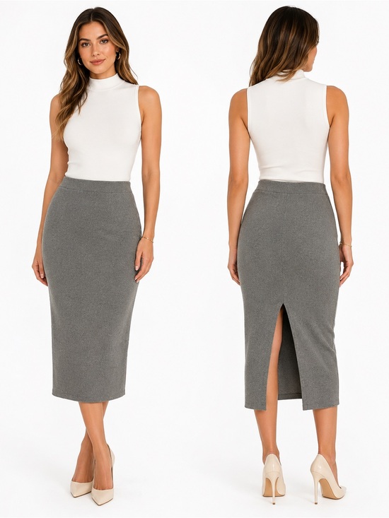 Express Dresses & Skirts - NWT Express Gray Knit Midi Pencil Skirt Size L Stretch Pull-On Minimalist